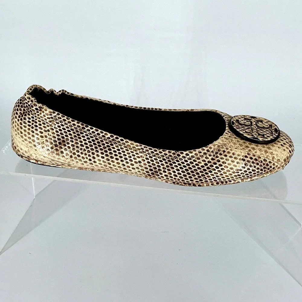 Tory Burch Size 7.5 Minnie Travel Ballet Flats‎ Snake Embossed Leather